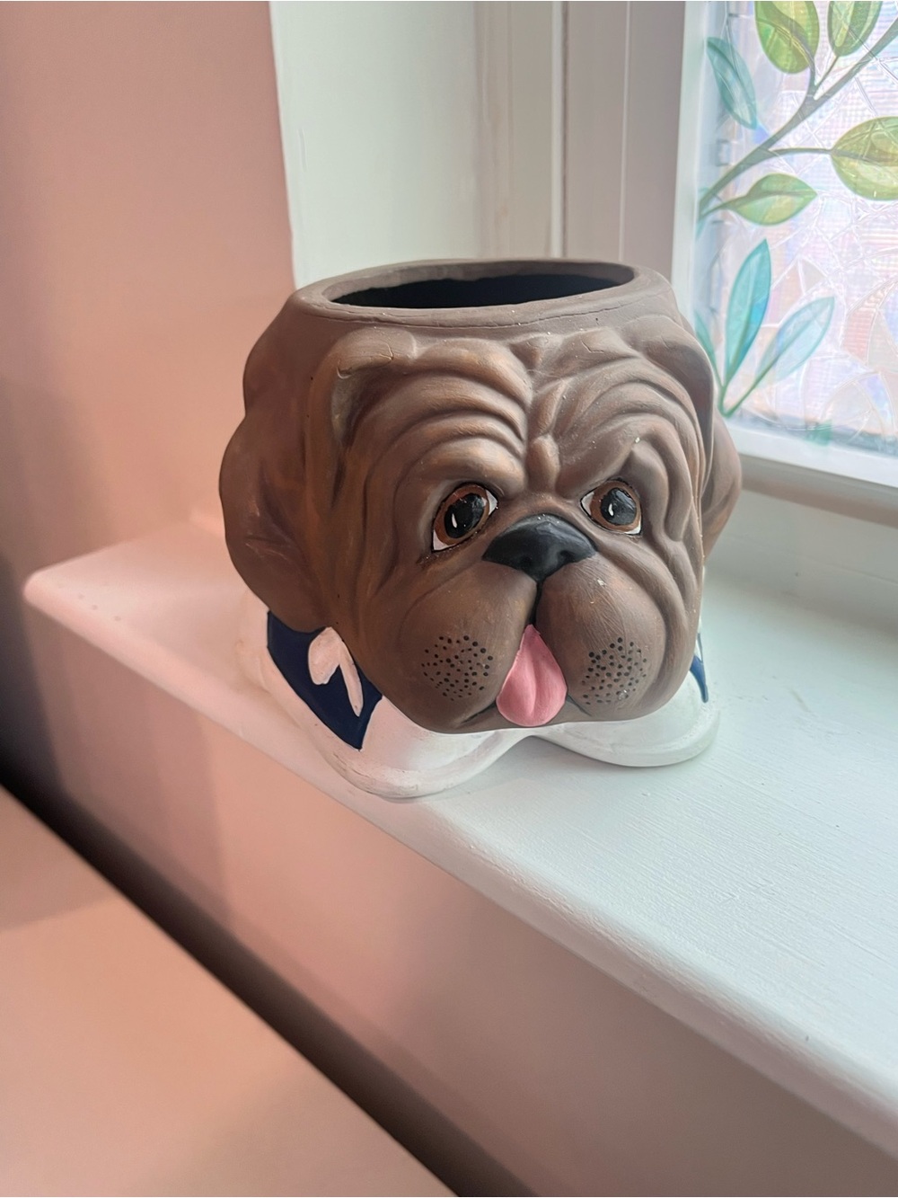 Dog Head Planter - Brown Bulldog Ceramic - Vintage